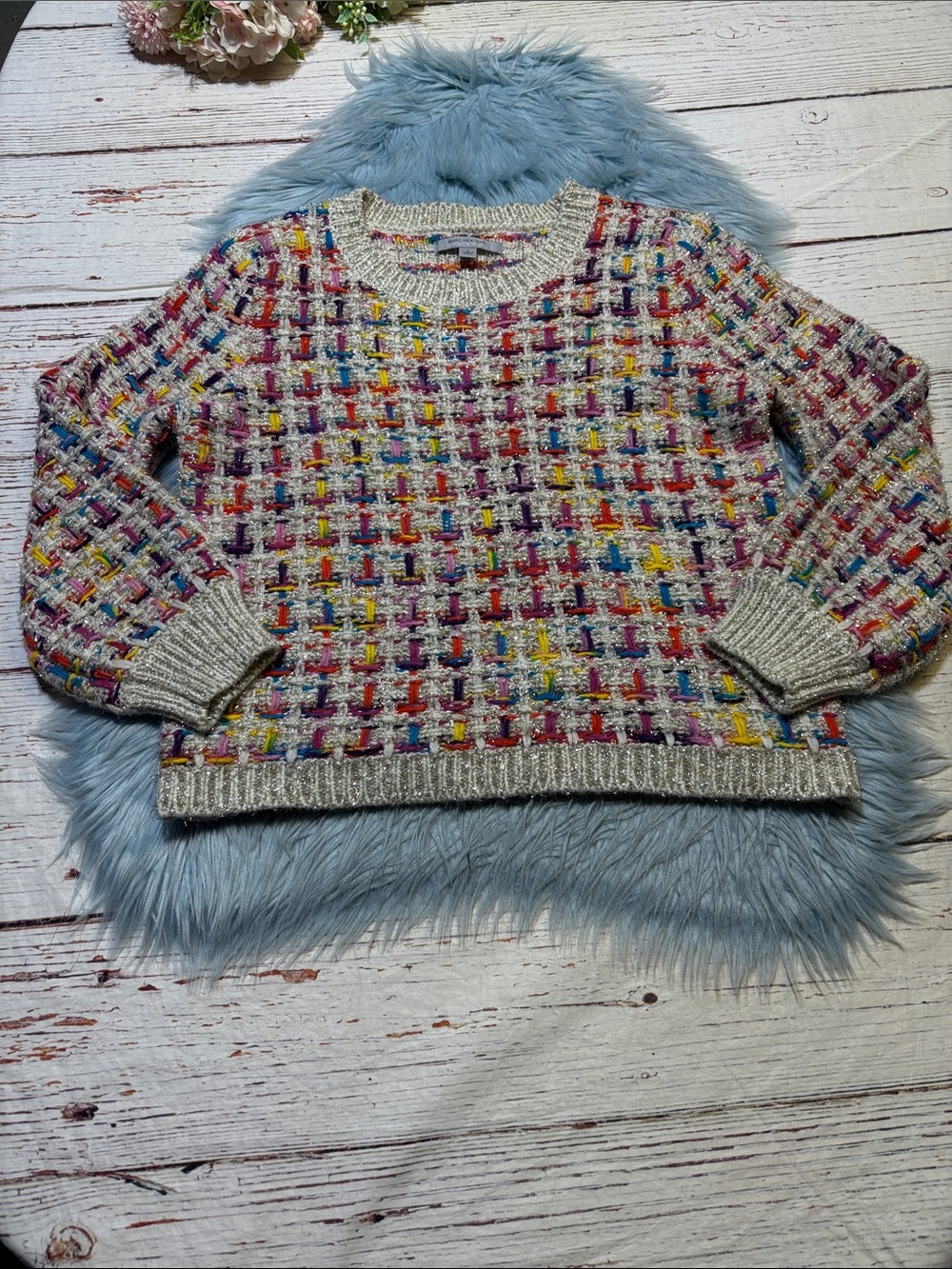 Marc New York Multicolor Tweed Crewneck Sweater in Cream Base Sz L